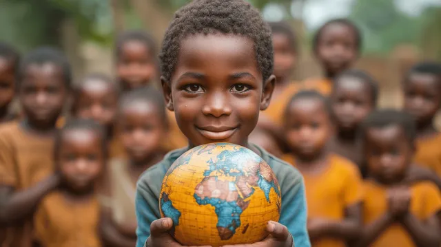 An African child holds a globe outdoors with a group of children behind him.