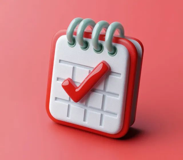 A 3D spiral-bound calendar icon with a red check mark sits on a coral pink background.