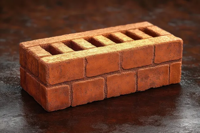 A single red hollow clay brick with rectangular cavities rests on a dark textured surface.