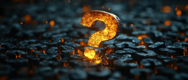 Golden question mark sculpture glowing over dark gravel with scattered black symbols