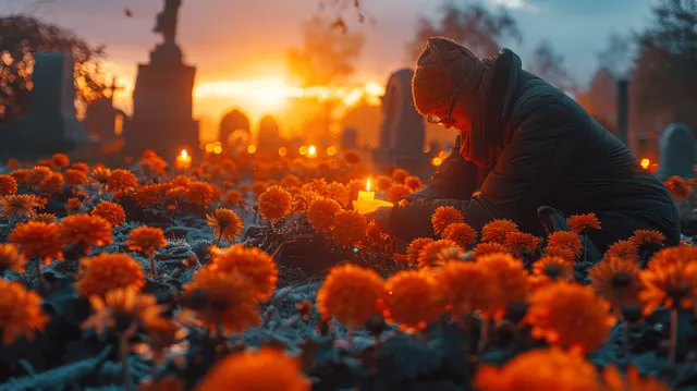 Hands lighting candles near a grave, surrounded by flowers at sunset glow