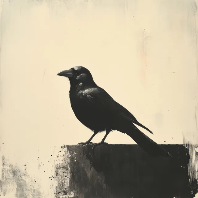 A black crow ink-wash painting perched on a dark textured ledge against a pale minimal background.