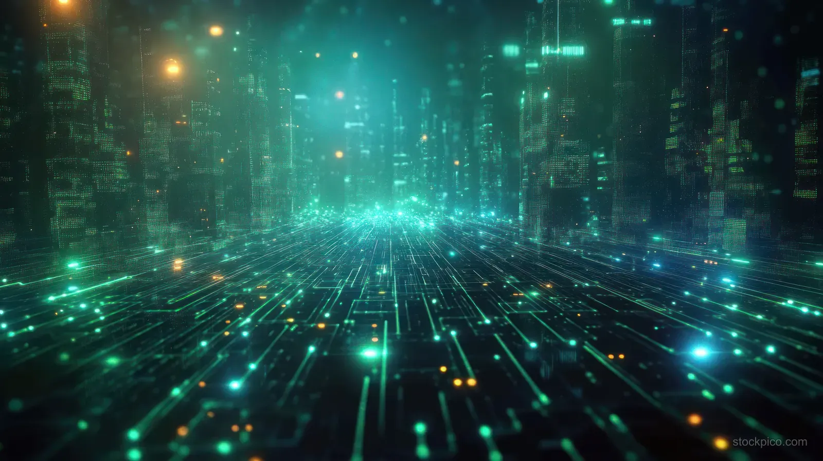 A dark futuristic cyber landscape with a glowing grid of circuits and neon data light streams in blue and green.