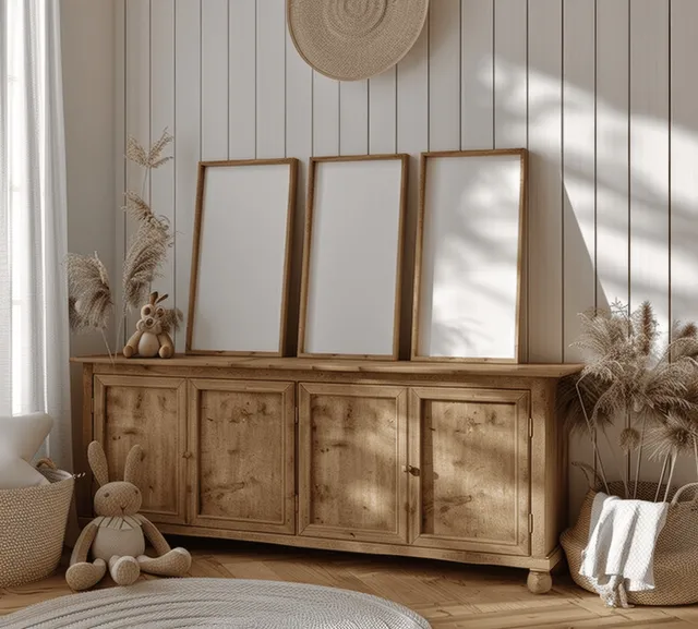 Natural wooden sideboard with blank frames in a cozy children's room featuring soft lighting and Scandinavian farmhouse decor.