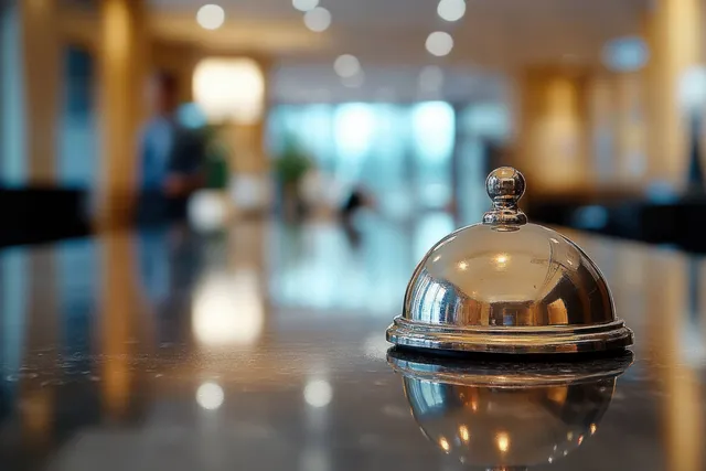 A shiny hotel reception bell on a desk with blurred receptionists in the warm lobby background.