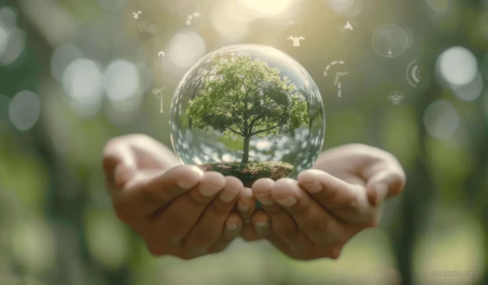 Hands hold a glowing green globe with a tree and renewable energy icons against a blurred forest background.