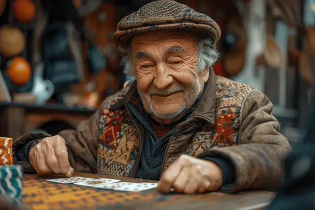 An elderly man smiling while playing cards at a café table wearing a patterned sweater and flat cap.