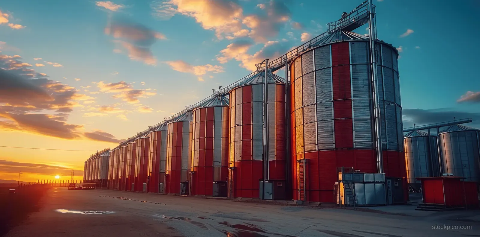 Row of red and silver industrial silos and storage tanks along a facility yard under a sunset sky.