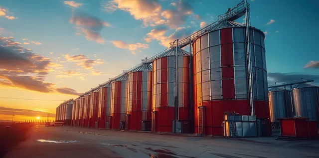 Industrial grain silos and storage tanks at sunset with red steel doors and long perspective