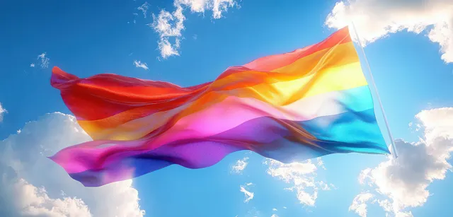 Rainbow pride flag waving across bright blue sky with soft cloud highlights