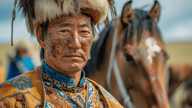 Close-up of a Mongolian festival rider in traditional attire with horses and people blurred behind.