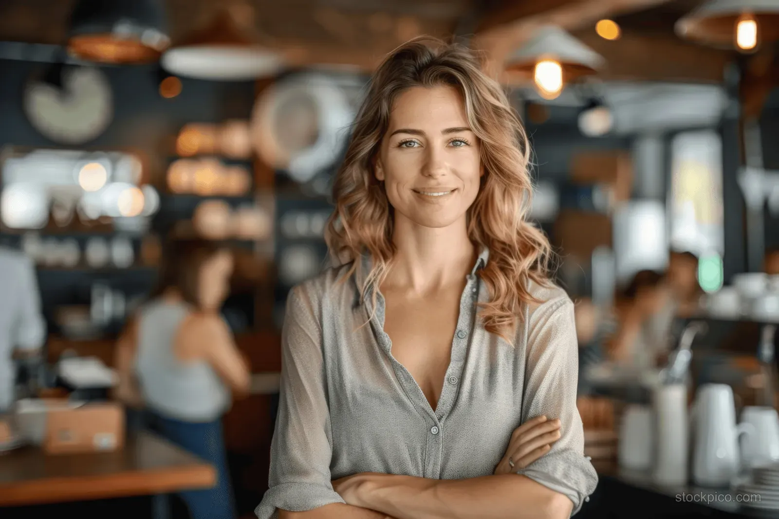 Confident woman smiling at the camera in a modern office, with a team collaborating behind her.