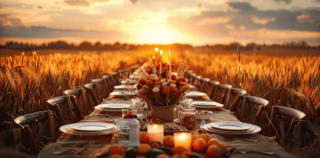 Rustic dinner table with candles and plates stretches across a wheat field under a warm sunset sky.