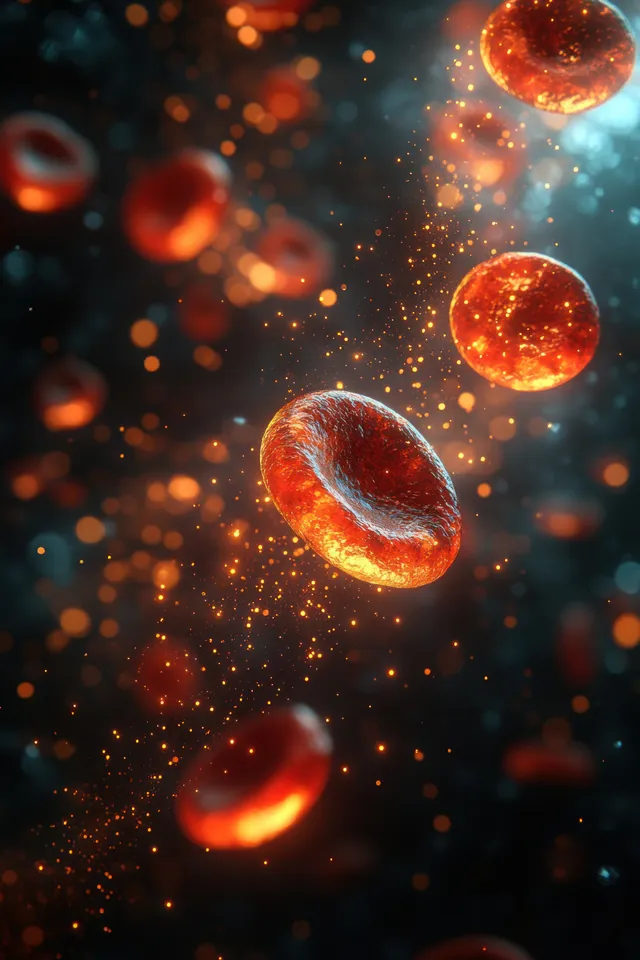 Red blood cells drift through a glowing vessel in a macro view with a few white blood cells among blood particles.