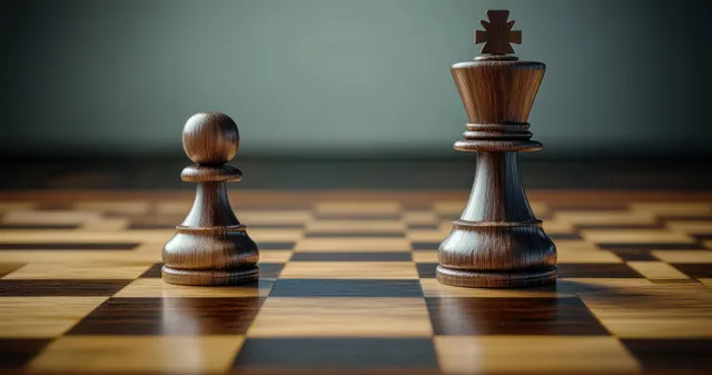 Chess king and rook on checkered board with dramatic side lighting and wood texture
