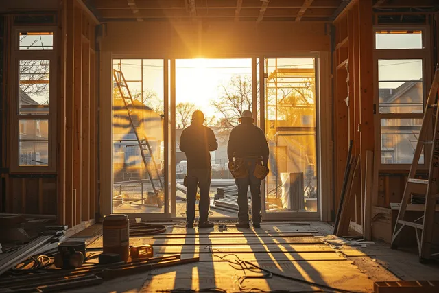 Construction workers installing sliding glass doors inside a new home at golden hour