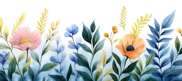 Pastel watercolor flowers and layered leaves in pink, orange, blue, and yellow arranged on a white background.