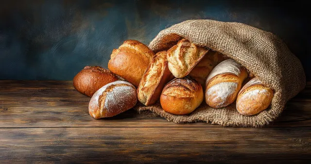 Rustic loaves with golden crusts spill from a burlap sack onto a wooden table, dusted with flour in a moody still-life scene.