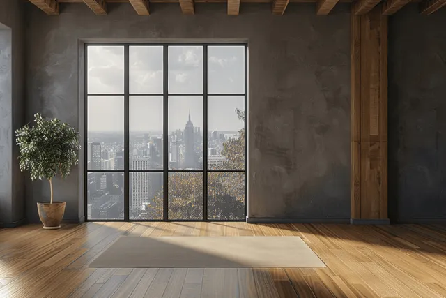 Sunlit loft room with panoramic window framing the Empire State Building and city skyline