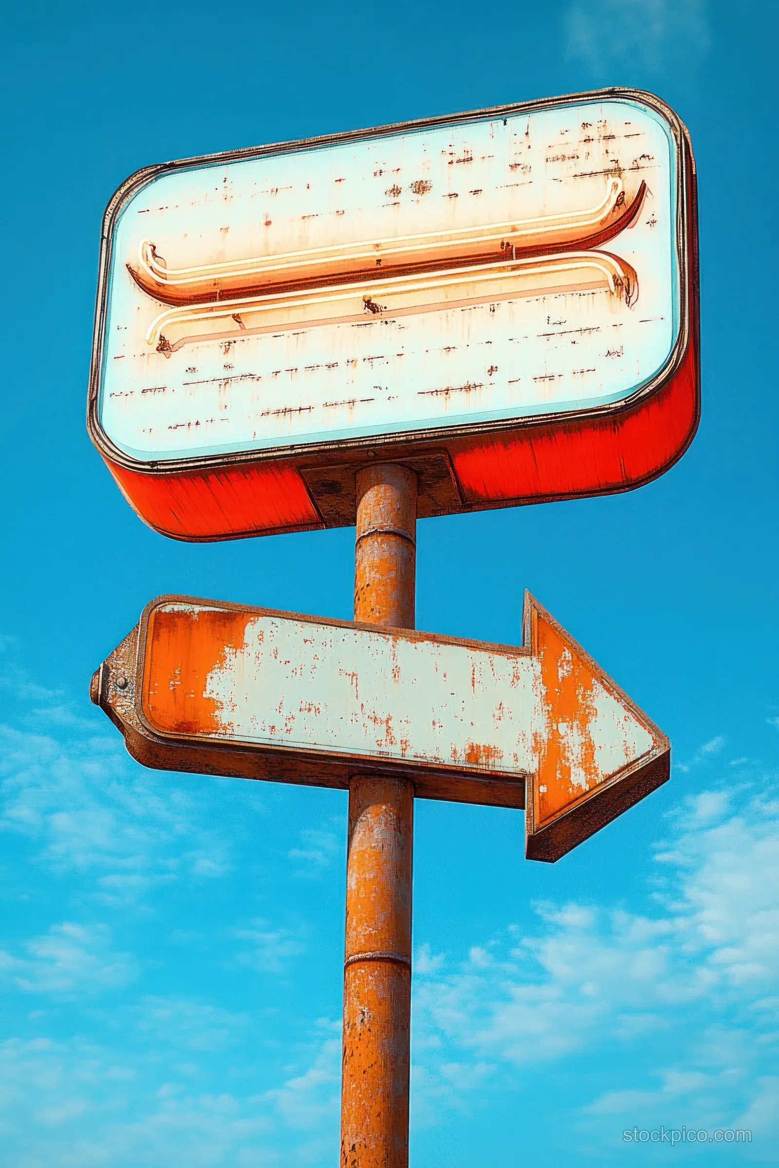 Weathered roadside sign with neon-style border and a right arrow mounted on a rusty pole against a clear blue sky.