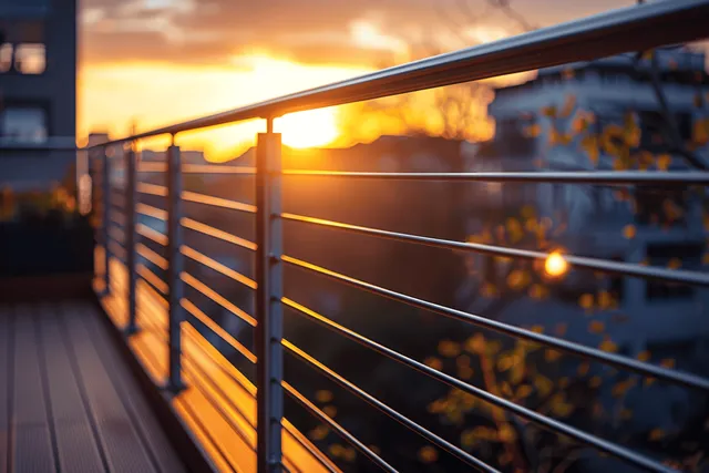 Metal balcony railings frame a glowing orange sunset over a softly blurred city skyline.