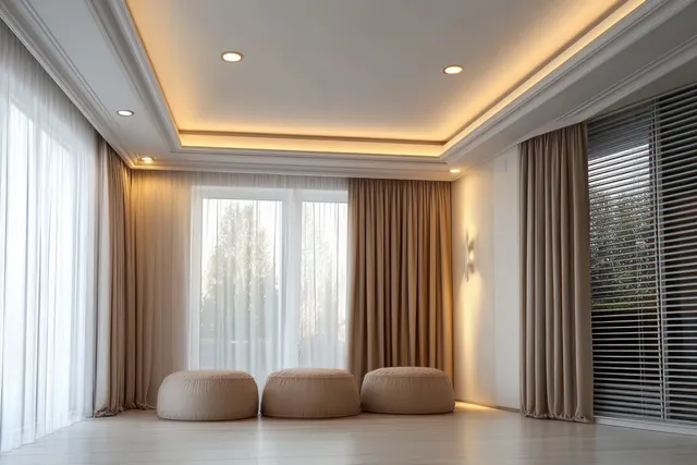 Modern living room interior with large curtained windows, three round floor cushions, and warm recessed ceiling lights.