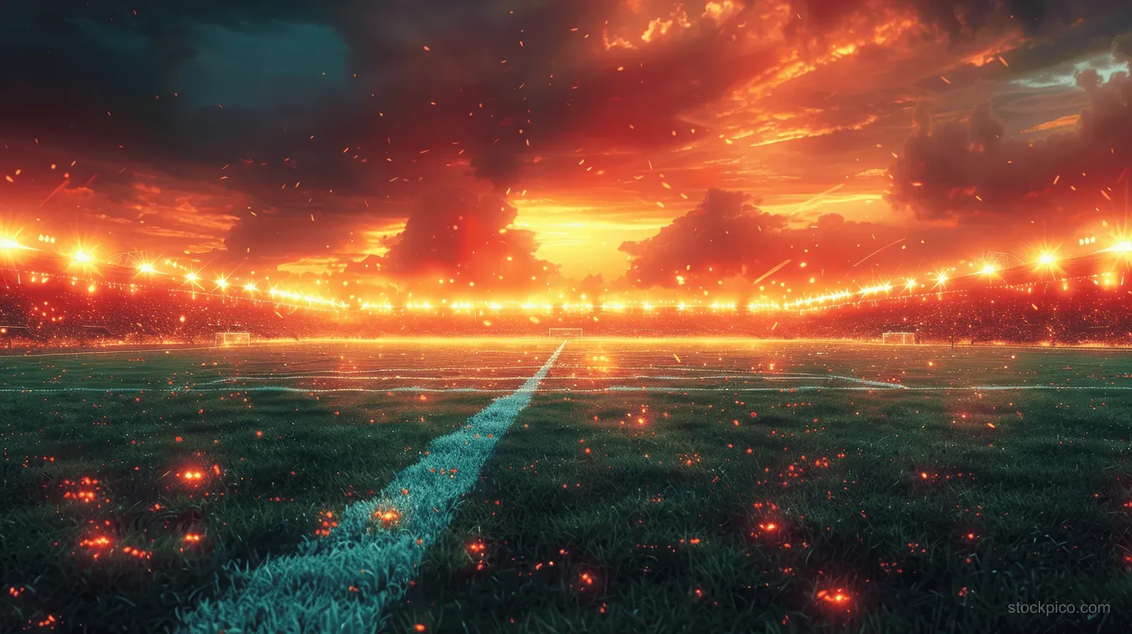Neon-lit soccer field inside a night stadium with glowing fog and streaking stadium lights.