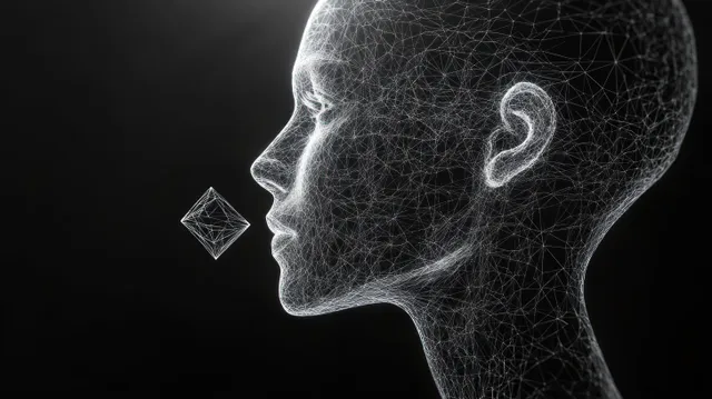 Wireframe side profile of a human head made of connected lines with a glowing geometric node near the lips on black.