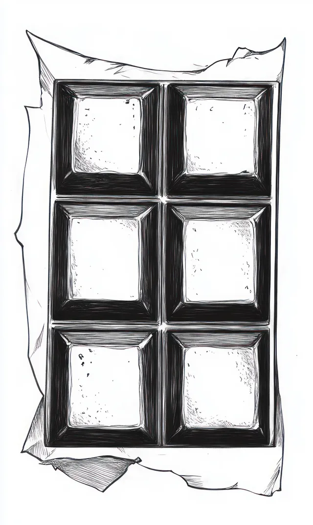 Black and white sketch of a partially unwrapped chocolate bar with six rectangular pieces and detailed shading.