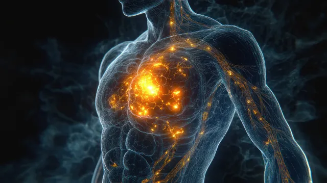 Translucent upper torso with glowing nerve fiber network and bright clusters around the chest area.