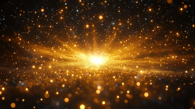 Golden light burst spreads across a dark background, surrounded by glowing sparkling particles.