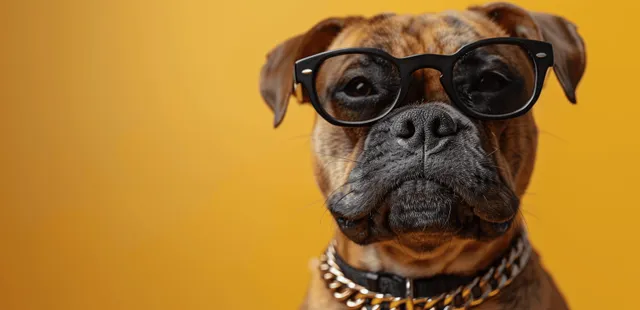 Brown dog wearing oversized black sunglasses and a gold chain poses for a studio portrait on a yellow background.