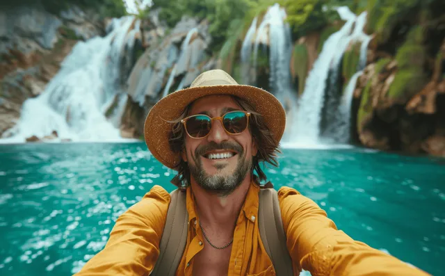 Smiling man takes a selfie by Marmore waterfall in Italy, wearing hat and sunglasses