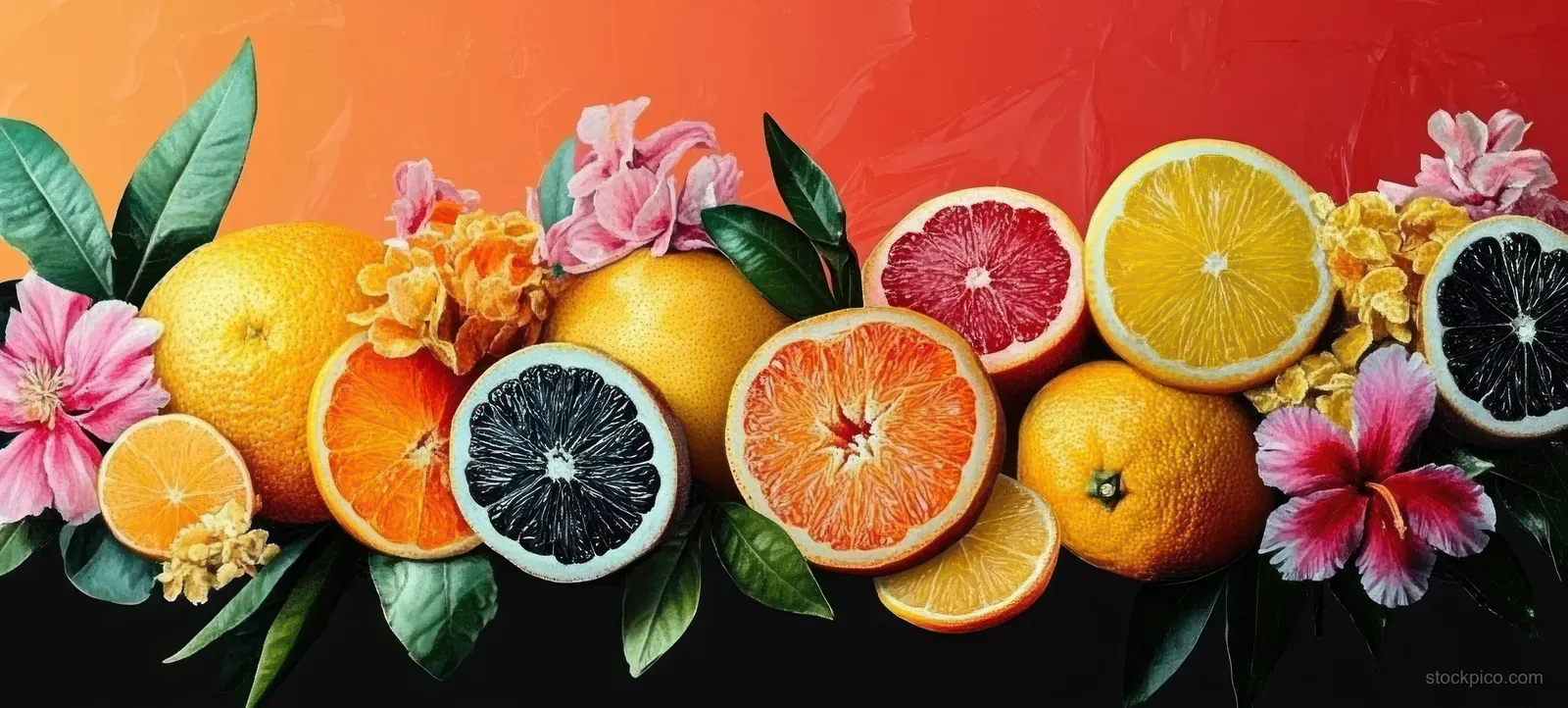 Citrus slices, dragonfruit, flowers, and palm leaves arranged in a tropical collage on a warm background.