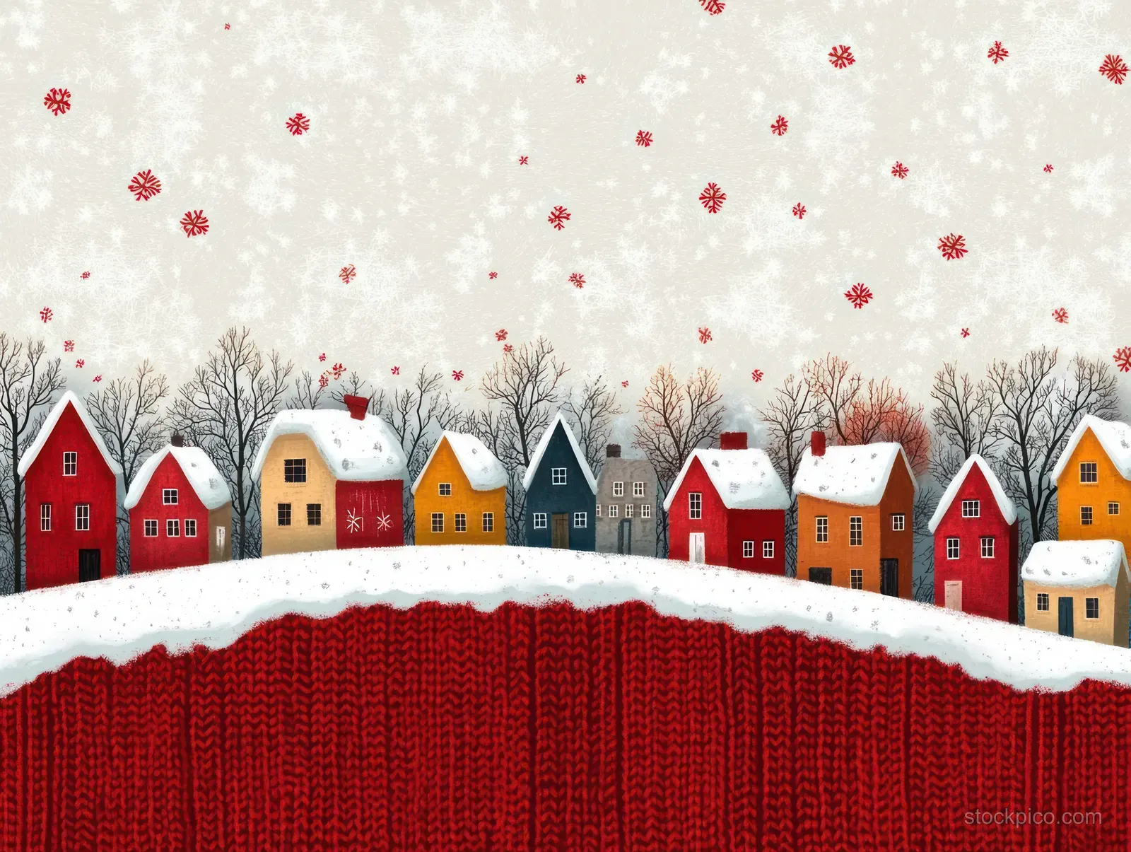 Colorful snowy Christmas village houses rest behind a red knitted scarf texture with falling snowflakes.