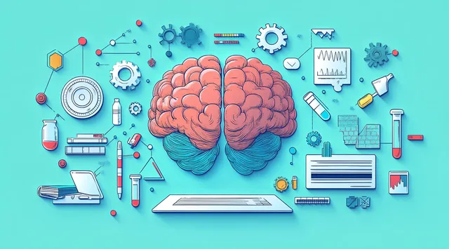 Brain diagram with lab instruments, gears, and charts on blue research background