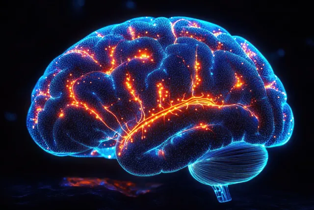 Glowing human brain illustration with blue and orange illuminated neural pathways on a dark background.