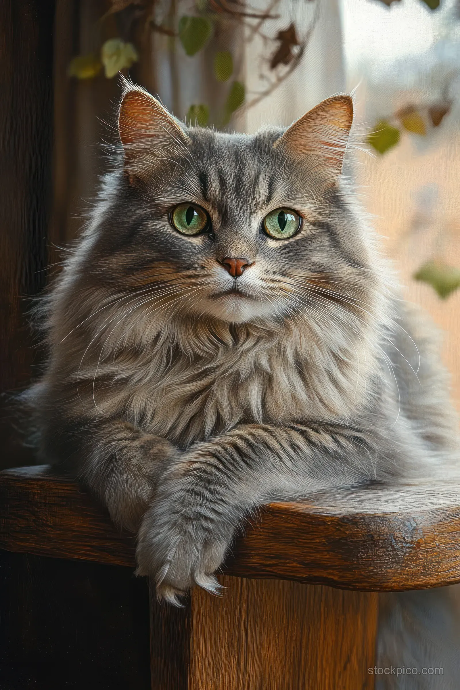 Fluffy gray tabby cat with green eyes rests a paw on a wooden ledge, looking calmly toward the camera indoors.
