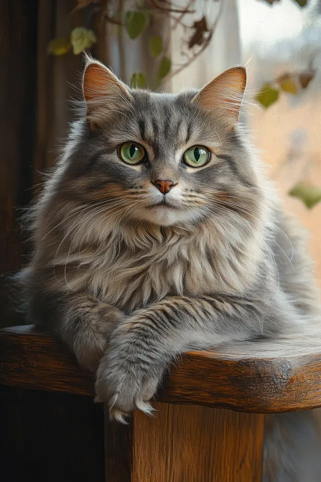 Fluffy gray tabby cat with green eyes rests a paw on a wooden ledge, looking calmly toward the camera indoors.