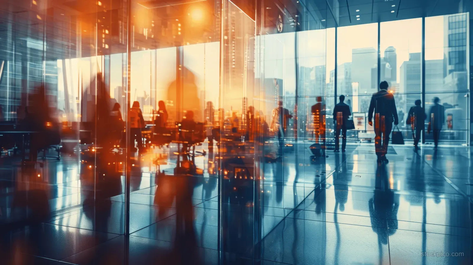 Professionals walk in a glassy corporate lobby while a blurred meeting scene glows in the background reflections.