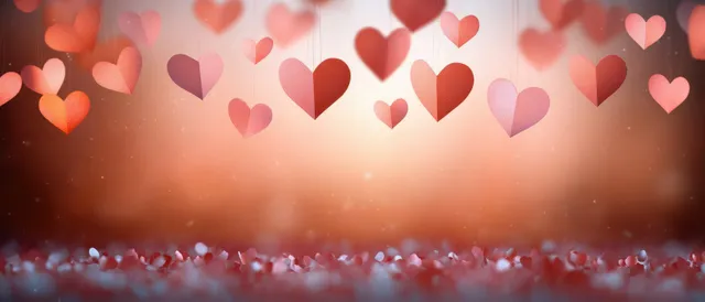 Red and pink paper hearts hanging above a reflective surface with softly glowing bokeh in the background.