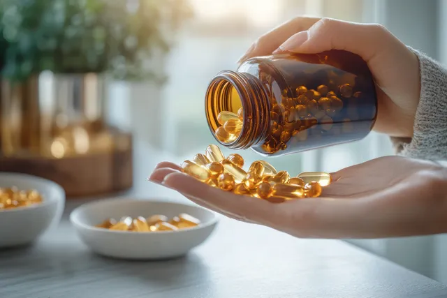 Asian woman pouring golden supplement capsules from amber bottle into her open palm at home