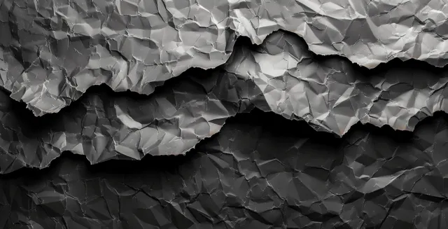 Crumpled black paper texture with crumpled folds and torn edge on dark backdrop