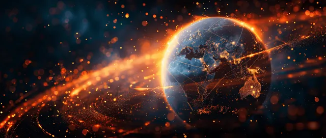 Glowing Earth in dark space with orange light trails and dotted network connections around bright city patterns.