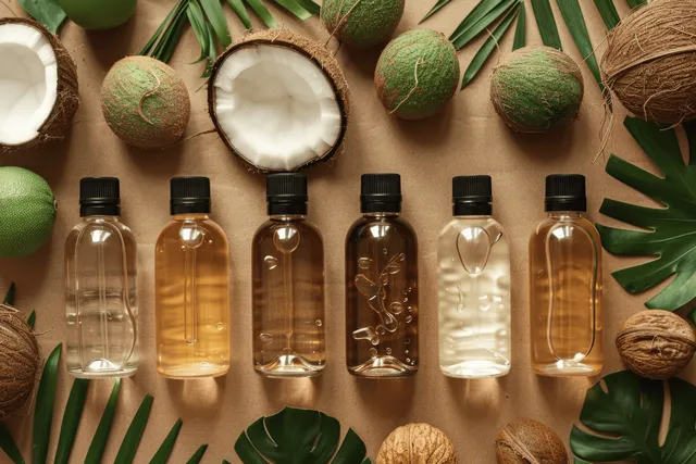 Coconut oil bottles arranged on a tropical tabletop with halved coconuts and palm leaves