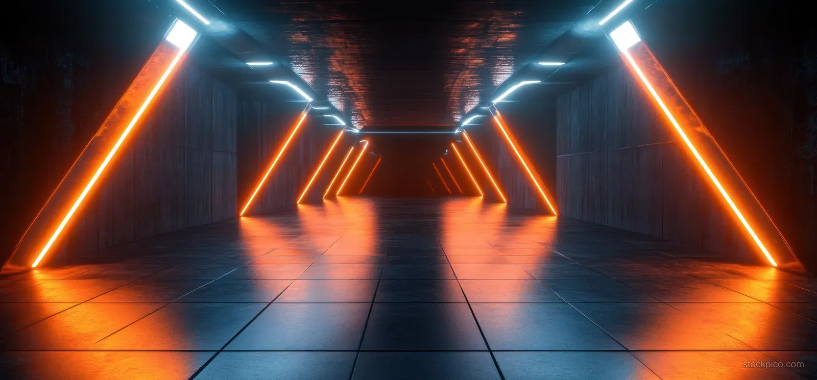 A neon-lit futuristic tunnel corridor inside a warehouse with glowing ceiling bars and reflections on a dark glossy floor.