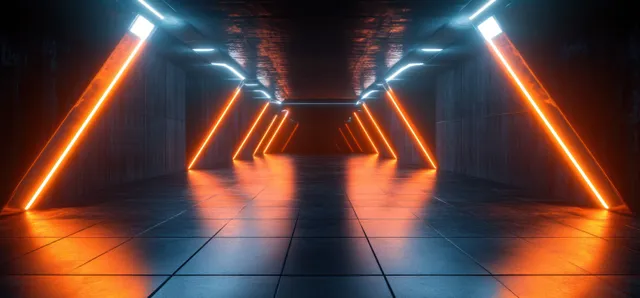 Neon-lit sci-fi warehouse tunnel corridor with glowing ceiling panels and glossy dark floor