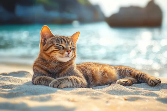 Tabby cat relaxing on sandy beach with eyes closed beside sparkling turquoise water