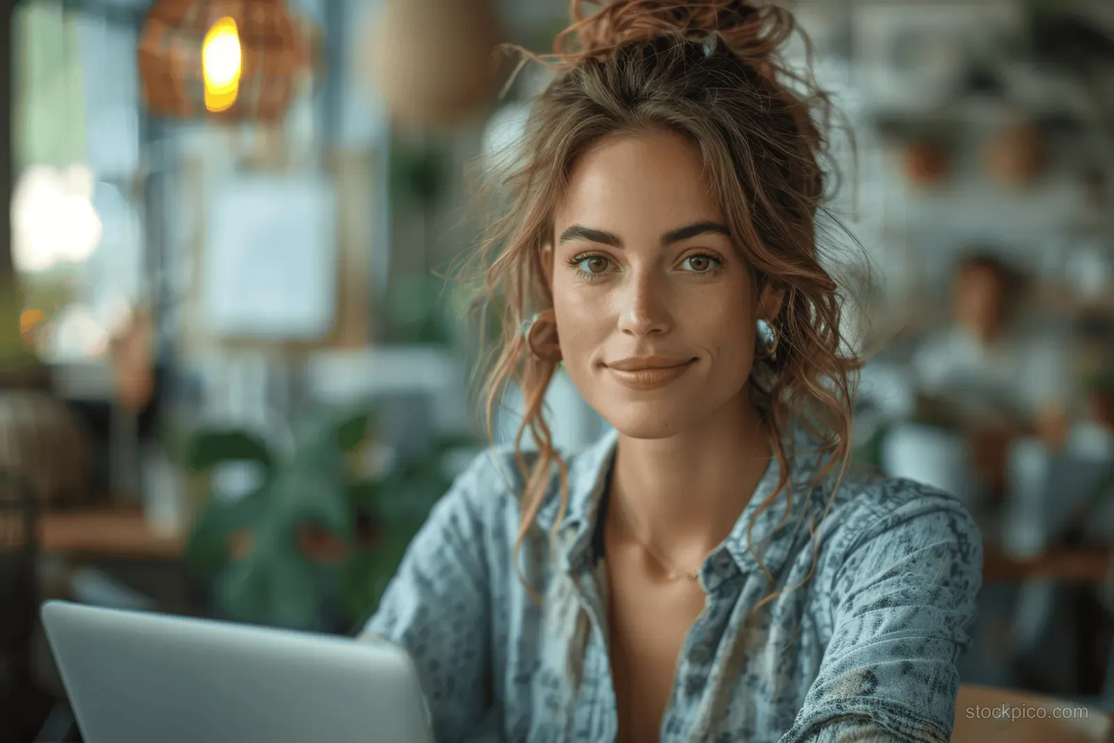 Smiling Hispanic businesswoman works on a laptop at an office desk with soft glowing bokeh behind her.