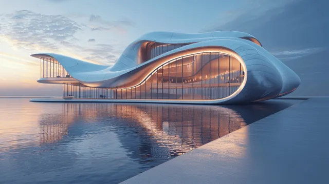 Futuristic concert hall by the waterfront with a curved silver wave facade, glass front, and reflections under blue sky.